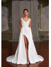 Beaded Ivory Lace Satin Slit Wedding Dress With Detachable Skirt